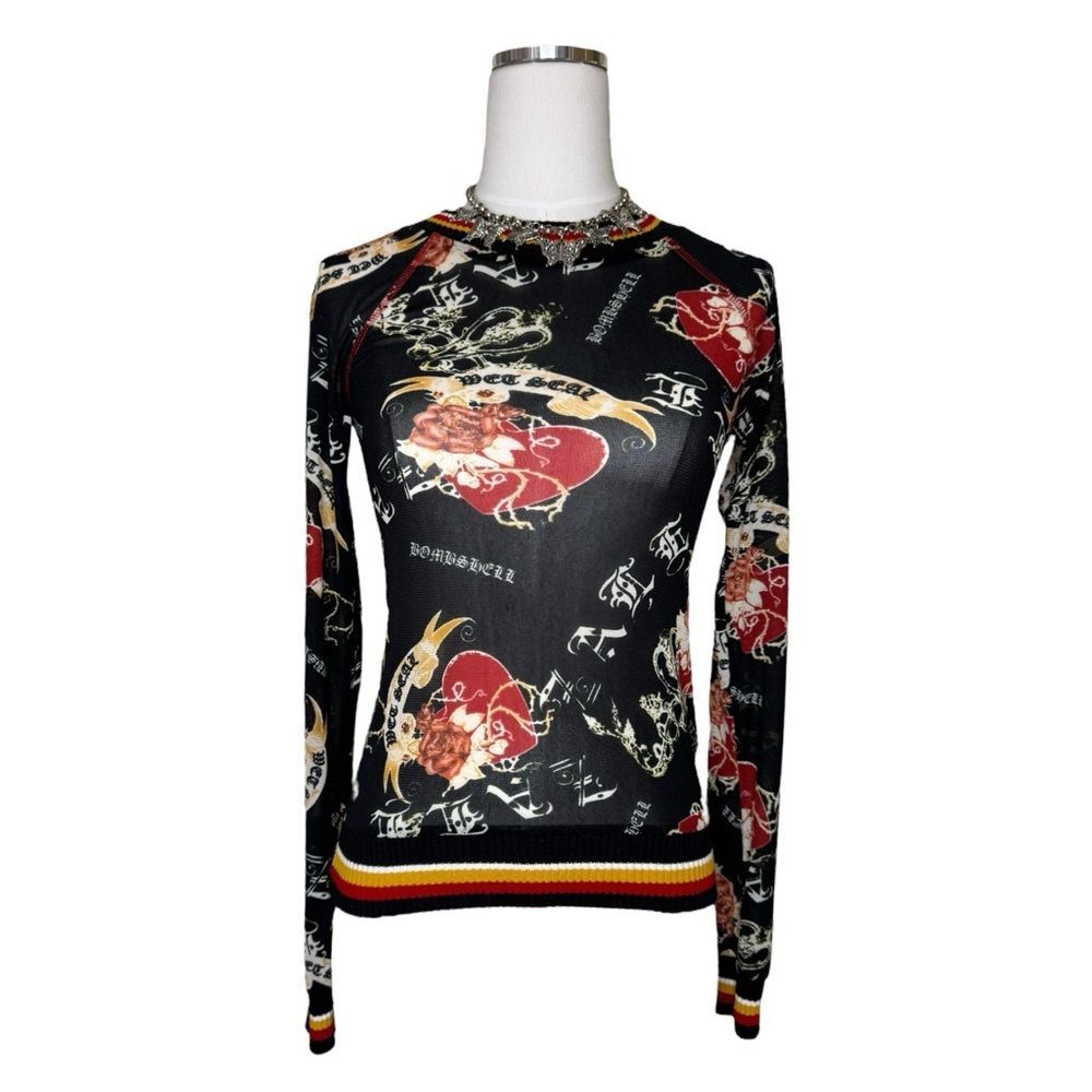 Y2K Wet Seal Black Tattoo Sheer Mesh +Sweater Collar Long Sleeve Top Size Small